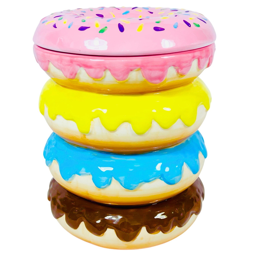Coco + Lola Donut Cookie Jar Colorful Stack of Donuts Ceramic Kitchen Decor Used